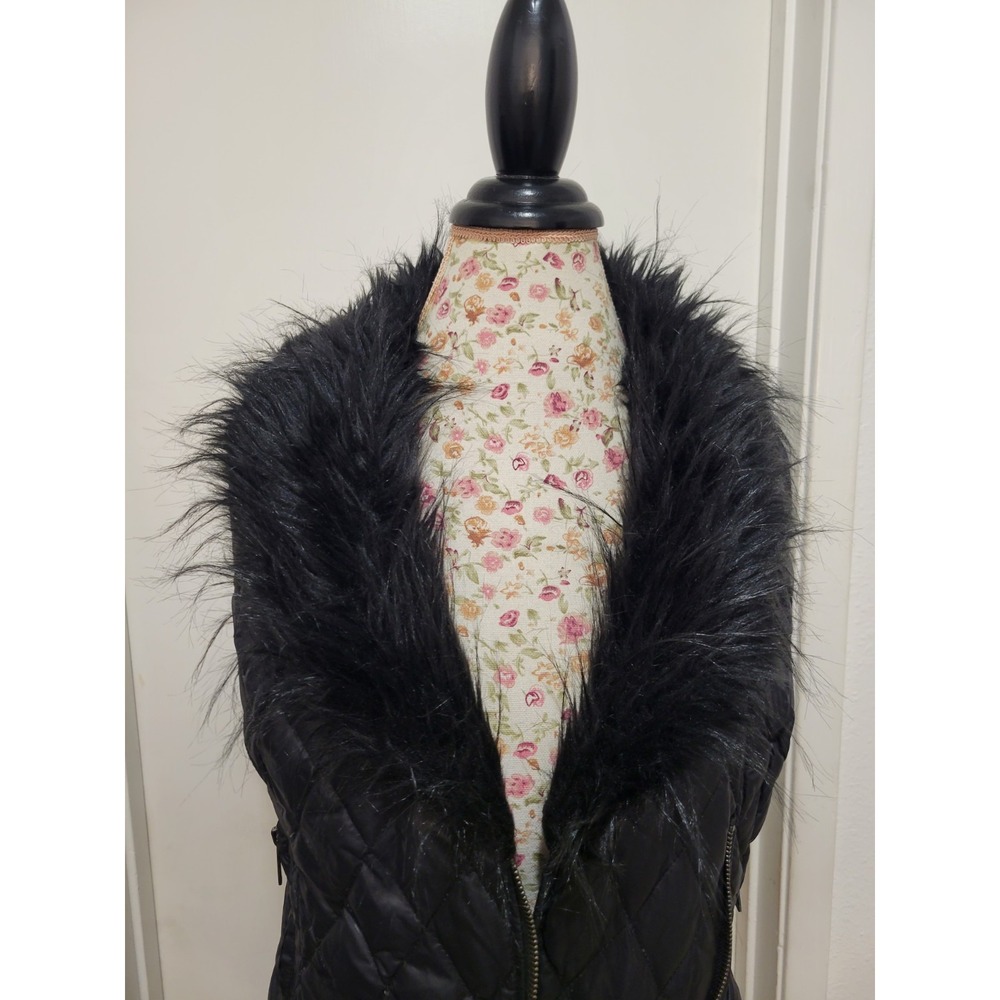 Cache Women Black Faux Fur Collar Quilted Down Vest Y2K Mob Wife Retro Small
